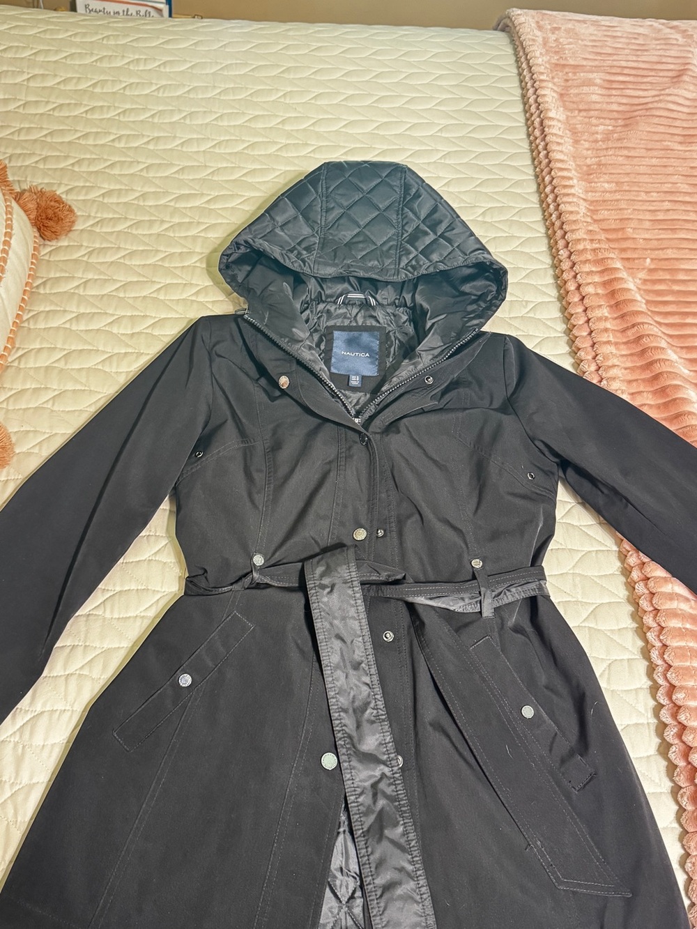 Nautica Black Hooded Trench with Quilted Hood and Belt